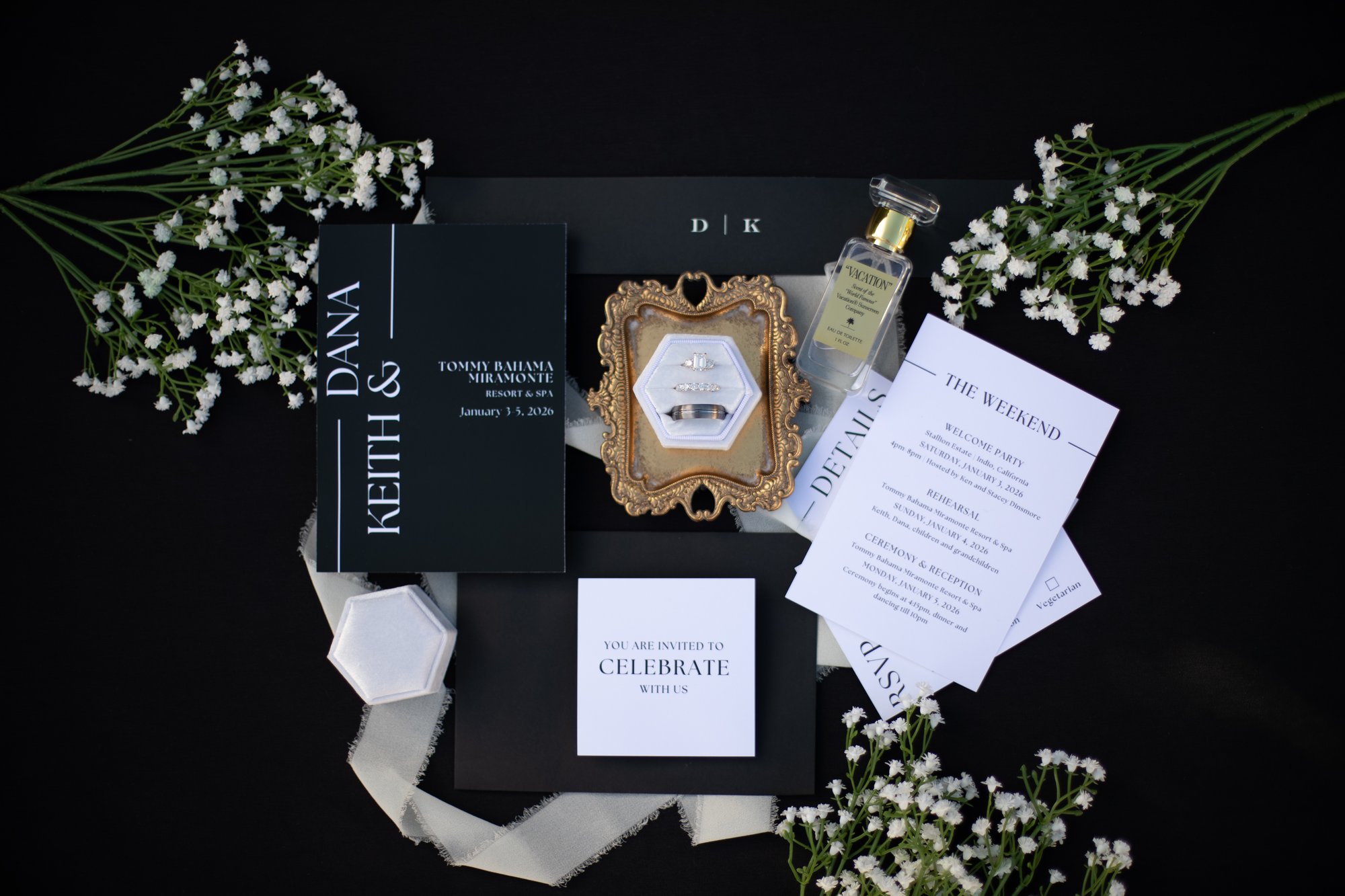 Wedding day flatlay — invitations, rings, and details by Manuel & Alma